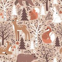 Seamless pattern with cute woodland animals. Hand drawn fawn, fox, squirrel, rabbit and bear. Pine tree, birch tree, mushroom, berry and leaf. Perfect for textile, wallpaper or print design. vector