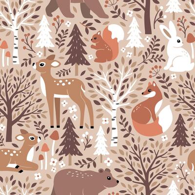 Seamless pattern with cute woodland animals. Hand drawn fawn, fox, squirrel, rabbit and bear. Pine tree, birch tree, mushroom, berry and leaf. Perfect for textile, wallpaper or print design.