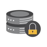 A black and gray icon of a padlock on top of a stack of data vector