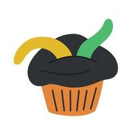 Quirky and creepy illustration of a muffin with black frosting, colorful worms popping out. Cartoon style image for Halloween themes or humorous food designs, spooky vibe for gothic parties vector