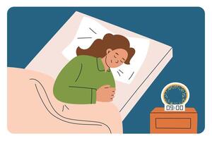illustration of a woman peacefully sleeping in bed with an alarm clock on the nightstand. Cozy and comfortable scene with a pillow and blanket. Bedtime habits composition, relaxation, wellness vector