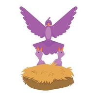 A purple bird with two babies on top of a nest vector