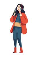 A woman in a red coat holding a microphone vector