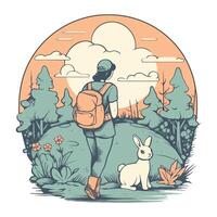 A woman with a backpack and a rabbit in the woods vector