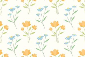 A repeating pattern featuring stylized orange and blue flowers with green leaves on a white background. vector