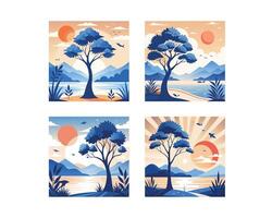 tree sun seabeach fish art work flat design. ai vector