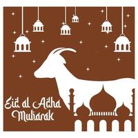 Graphic of mosque and goat in silhouette with glowing lantern for eid al adha mubarak. flat modern illustration vector