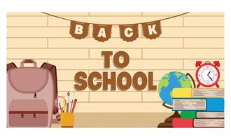School banner. Desktop globe, stack of books with alarm clock, backpack and stationery, glasses, notebook. flat modern illustration vector