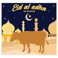 Eid Al Adha festival. Greeting card with sacrificial sheep and crescent on cloudy night background. flat modern illustration vector