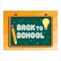 Back to school. Back to school text in chalkboard elements with light bulb and pen educational elements. flat modern illustration vector