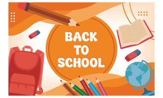 Welcome and back to school typography with red backpack, pencil elements, books and more. flat modern illustration vector