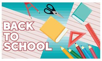 Well organized image of bright stationery, pencil case, pens, sketchbook, scissors, on soft blue background. flat modern illustration vector