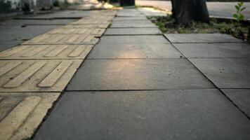 Paving stone walkway in the park at sunset time. Empty floor in perspective view for texture background. photo
