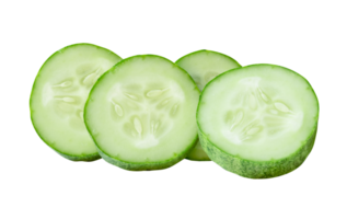 Front view of fresh green cucumber slices or pieces in stack isolated with clipping path in file format png