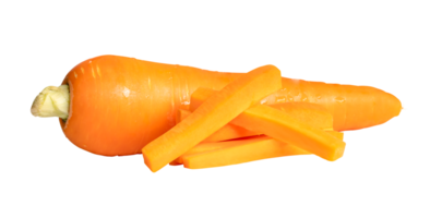 Side view of fresh orange carrot with slices in stick shape in stack isolated with clipping path in file format png