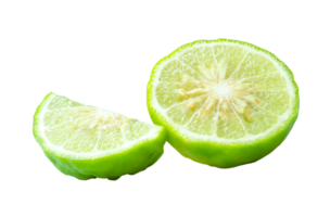 Fresh green kaffir lime fruit or bergamot in half and slice or piece isolated with clipping path in file format png