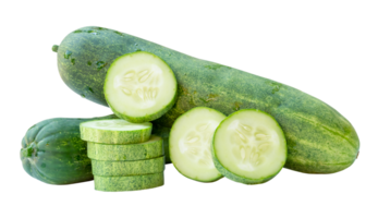 Side view of fresh green cucumbers with slices in circle shape isolated with clipping path in file format png