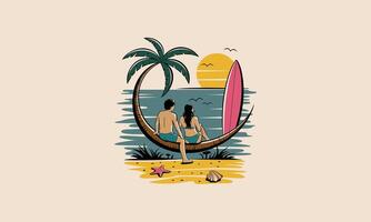 romantic beach scene featuring a couple sitting on a curved palm tree that leans out over the ocean. vector
