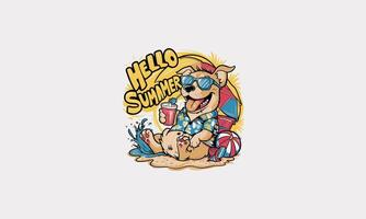 dog relaxing wearing sun glass on beach hello summer flat design vector