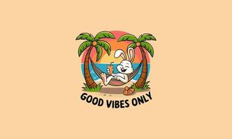 rabbit relaxing on hammock holding drink good vibes flat design vector