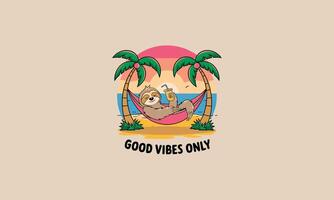sloth relaxing on hammock with palm beach flat design vector