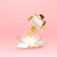 3D open gift box with falling confetti. Render present box surprise. vector