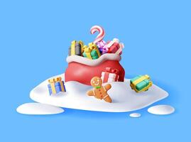 3D open santa claus sack full of gifts in snow. Render red cloth bag for presents vector