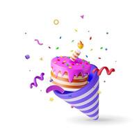 3D cake with candle and popper with confetti. vector