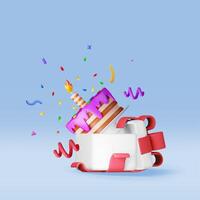 3D cake with candle with confetti in gift box. Render chocolate layer cake decorated with purple glaze icing. vector