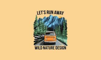 A van driving through a forest with mountains and sunset in background. vector