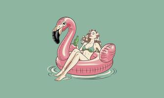 A woman relaxing on a pink flamingo float. vector
