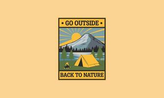 A tent and campfire near a mountain and lake with Go Outside text vector