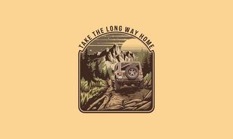 A jeep driving through mountains and forest with text Take the Long Way Home vector