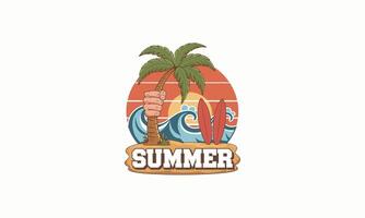 Palm tree, surfboards waves, and sunset with Summer text below vector