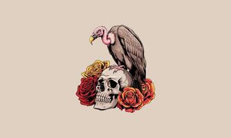 A vulture standing on a skull surrounded by roses. vector