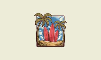 Three red surfboards standing on a beach surrounded by palm trees. vector