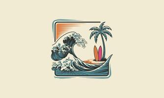 two surf boards are under the coconut trees on the beach flat design vector