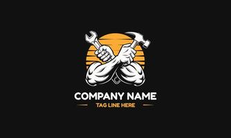 Muscular arms holding a hammer and wrench, symbolizing strength and craftsmanship. vector