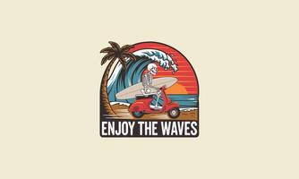 skeleton riding scooter on beach with surf board flat design vector