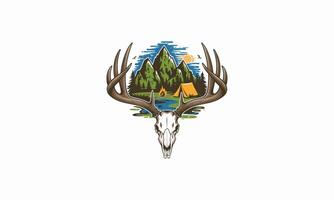 graphic features a deer skull with large antlers, within which a vibrant camping scene is depicted vector