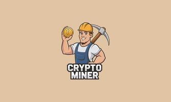 A cartoon miner holding a Bitcoin coin with a pickaxe. vector