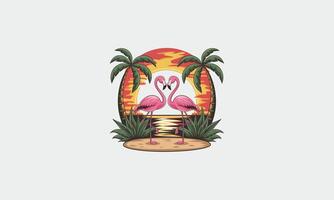 Two flamingos facing each other at sunset on a beach. vector