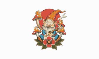 A gnome with a pipe, surrounded by mushrooms, smiling peacefully. vector