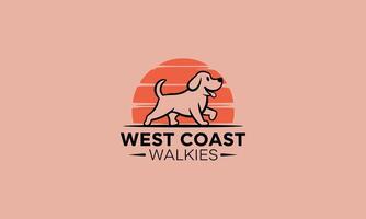 A happy dog walking in front of a sunset, representing a dog-walking service. vector