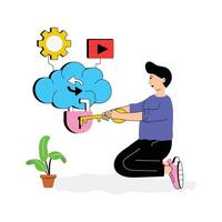 Cloud based system protection, cloud security flat illustration vector