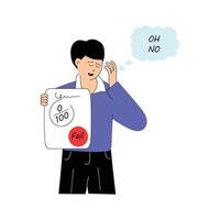 student holding a test paper with a failing grade, flat illustration vector