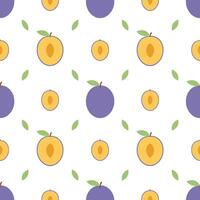 Seamless pattern of cute plum slice, white background vector