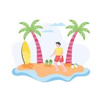 A man relaxes on a beach with palm trees and ocean views, enjoying summer. vector
