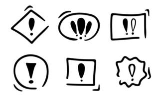 Doodle exclamation mark set. Notification, alert danger information sign set. Scribble hand drawn doodle exclamation point, stop warning sign. vector