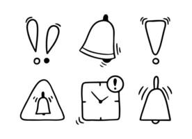 Doodle exclamation mark, notification bell, alert danger information sign set. Scribble hand drawn exclamation point, stop warning sign. vector
